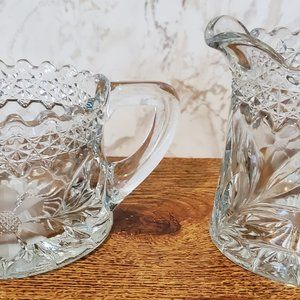 Vtg/MCM Clear Cut Glass creamer & sugar w/etched patterned flowers sunburst